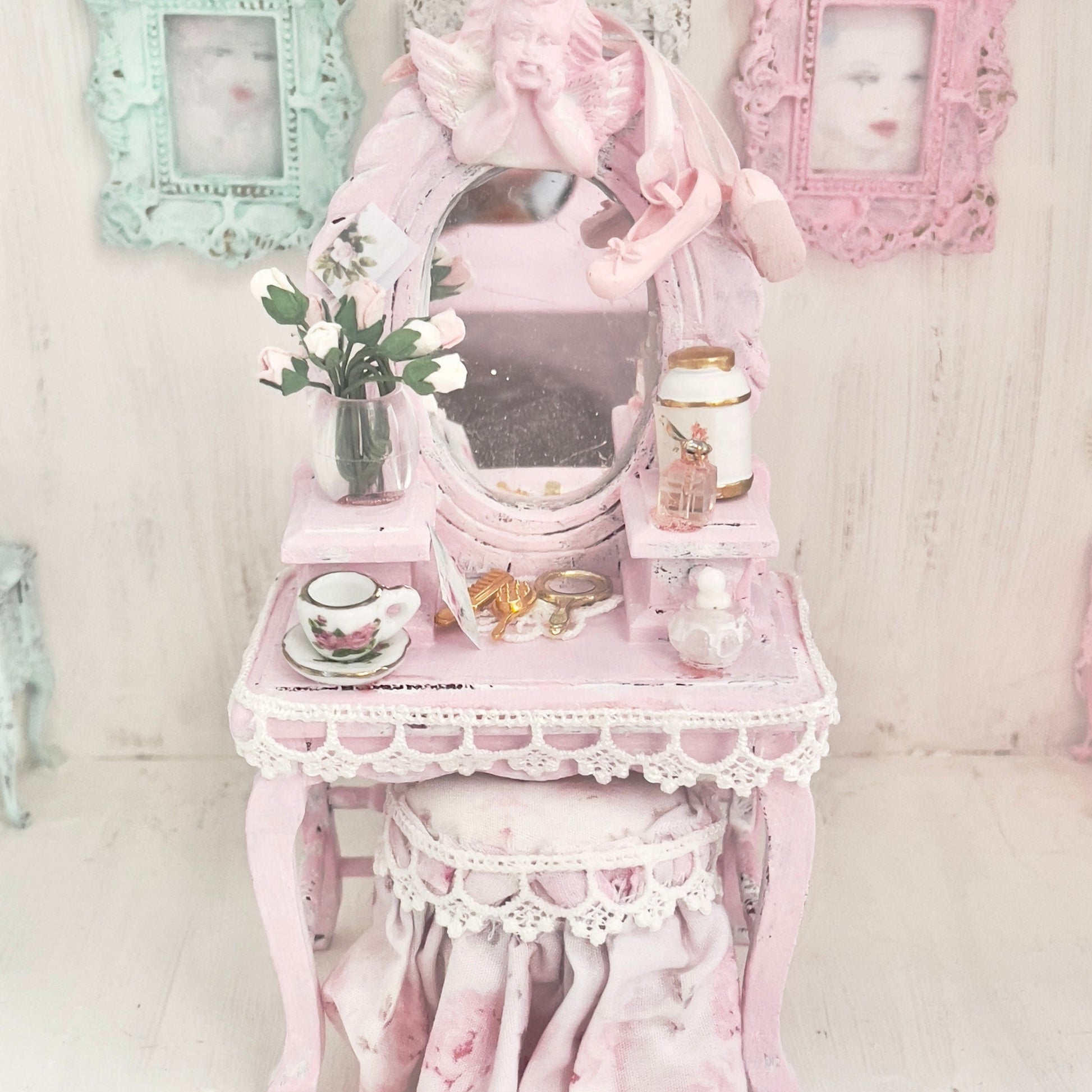 Chantallena White Bed Linens Vanity Set with Stool| Wooden Pink Distressed| Pink Slipper |Painted Petals Furniture