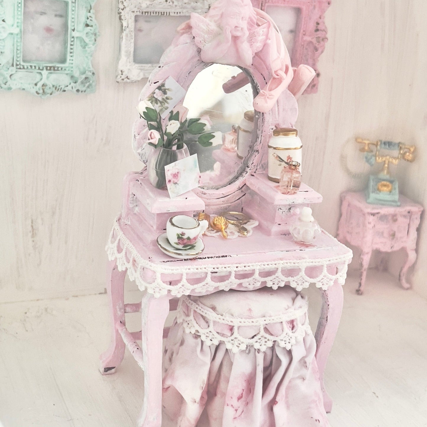 Chantallena White Bed Linens Vanity Set with Stool| Wooden Pink Distressed| Pink Slipper |Painted Petals Furniture
