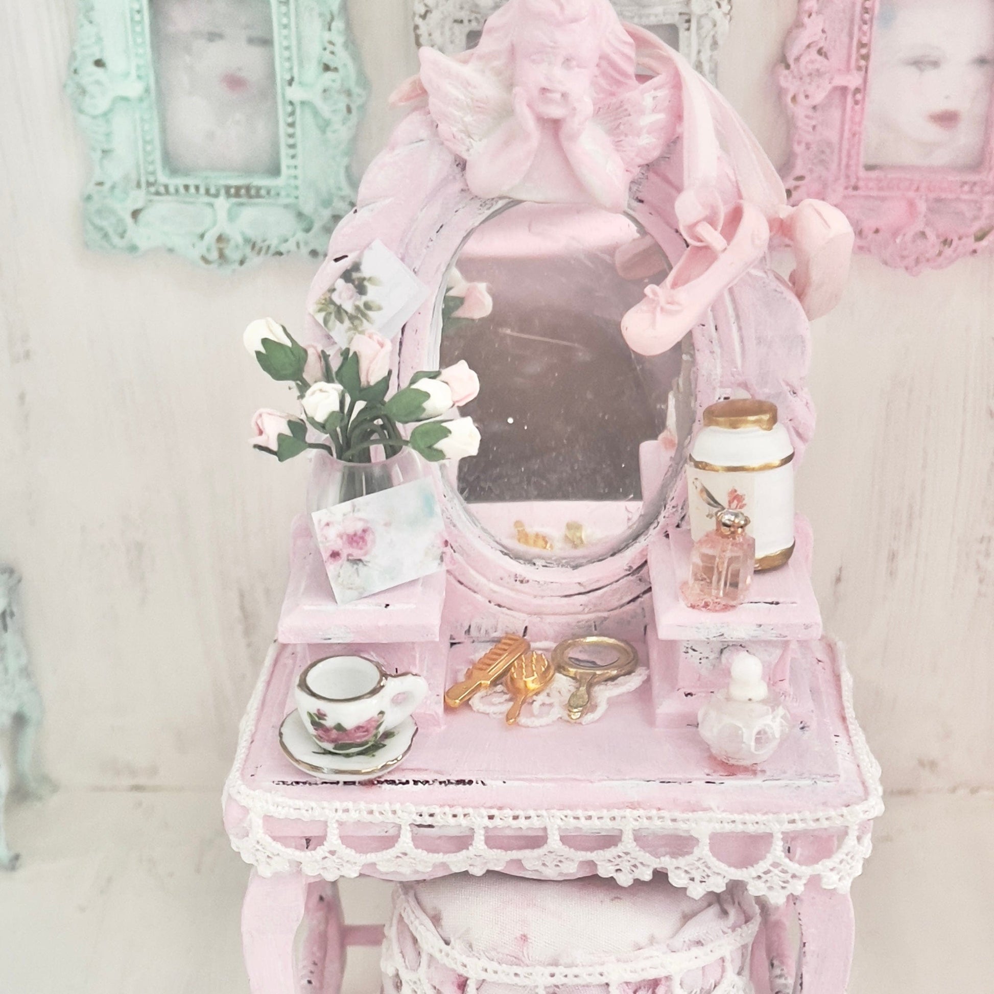 Chantallena White Bed Linens Vanity Set with Stool| Wooden Pink Distressed| Pink Slipper |Painted Petals Furniture