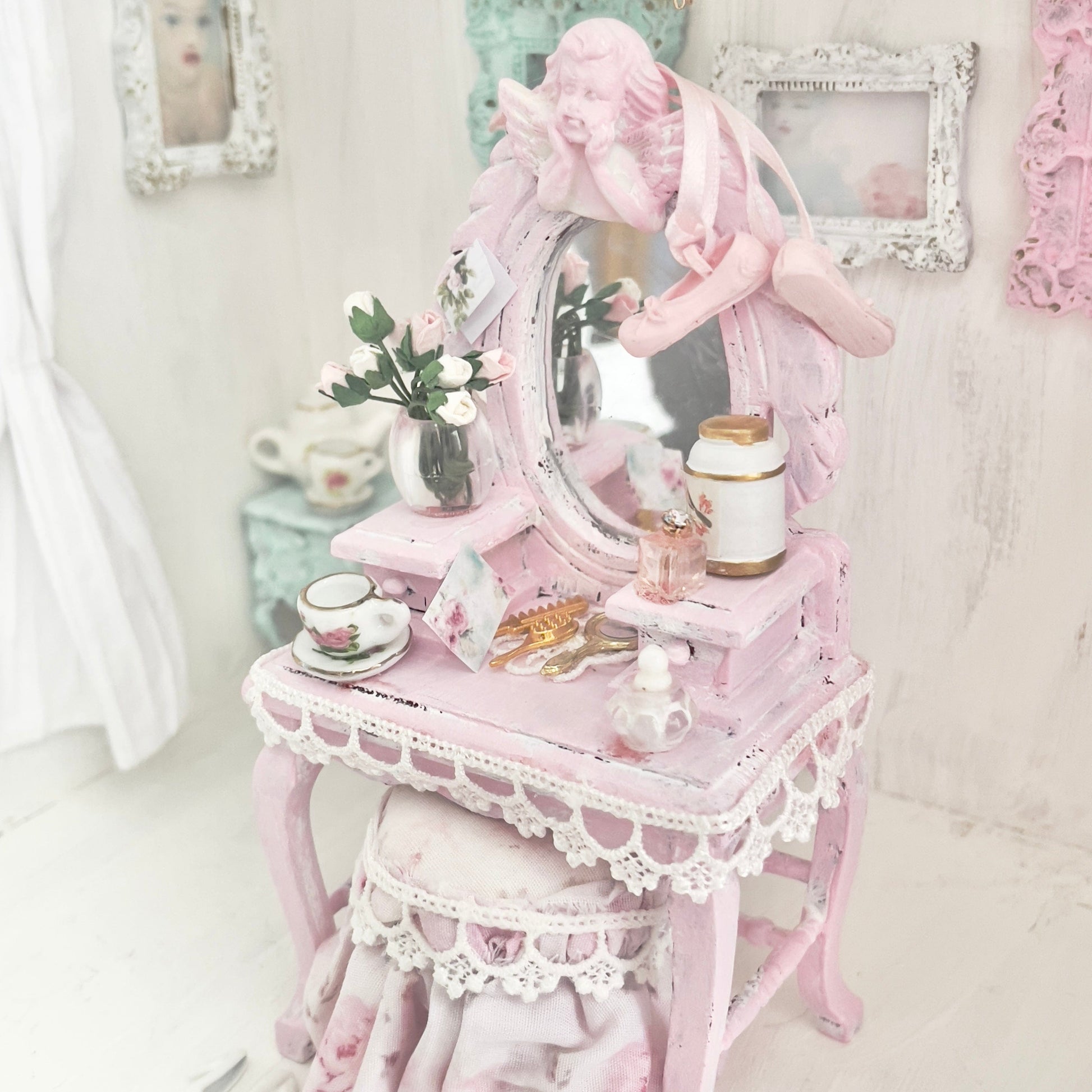 Chantallena White Bed Linens Vanity Set with Stool| Wooden Pink Distressed| Pink Slipper |Painted Petals Furniture