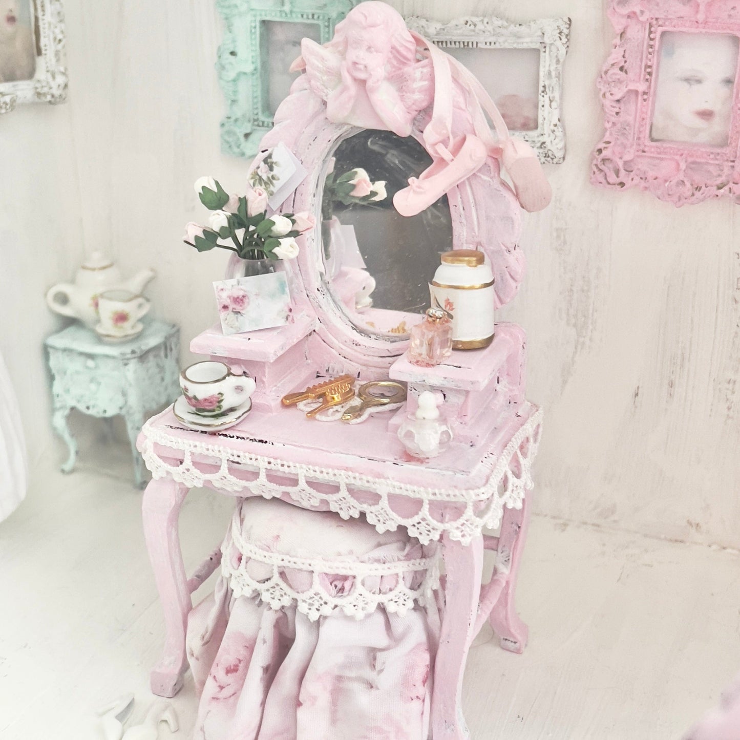 Chantallena White Bed Linens Vanity Set with Stool| Wooden Pink Distressed| Pink Slipper |Painted Petals Furniture