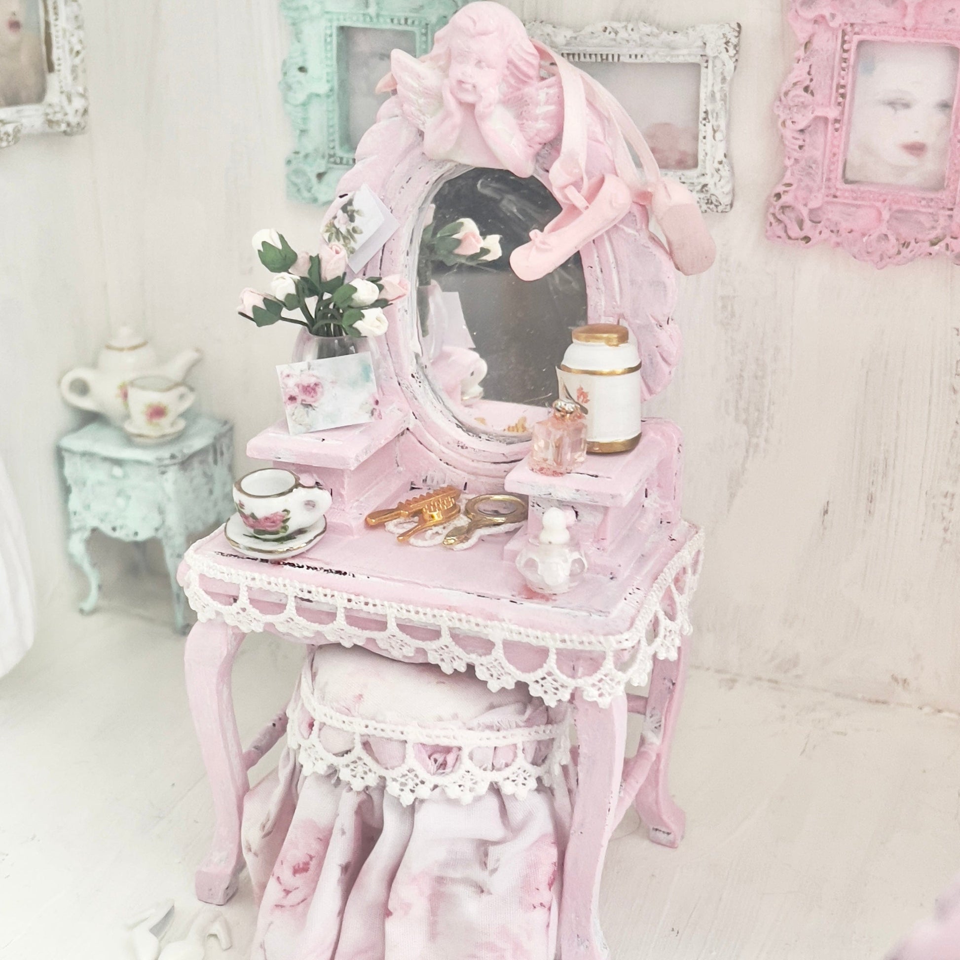 Chantallena White Bed Linens Vanity Set with Stool| Wooden Pink Distressed| Pink Slipper |Painted Petals Furniture