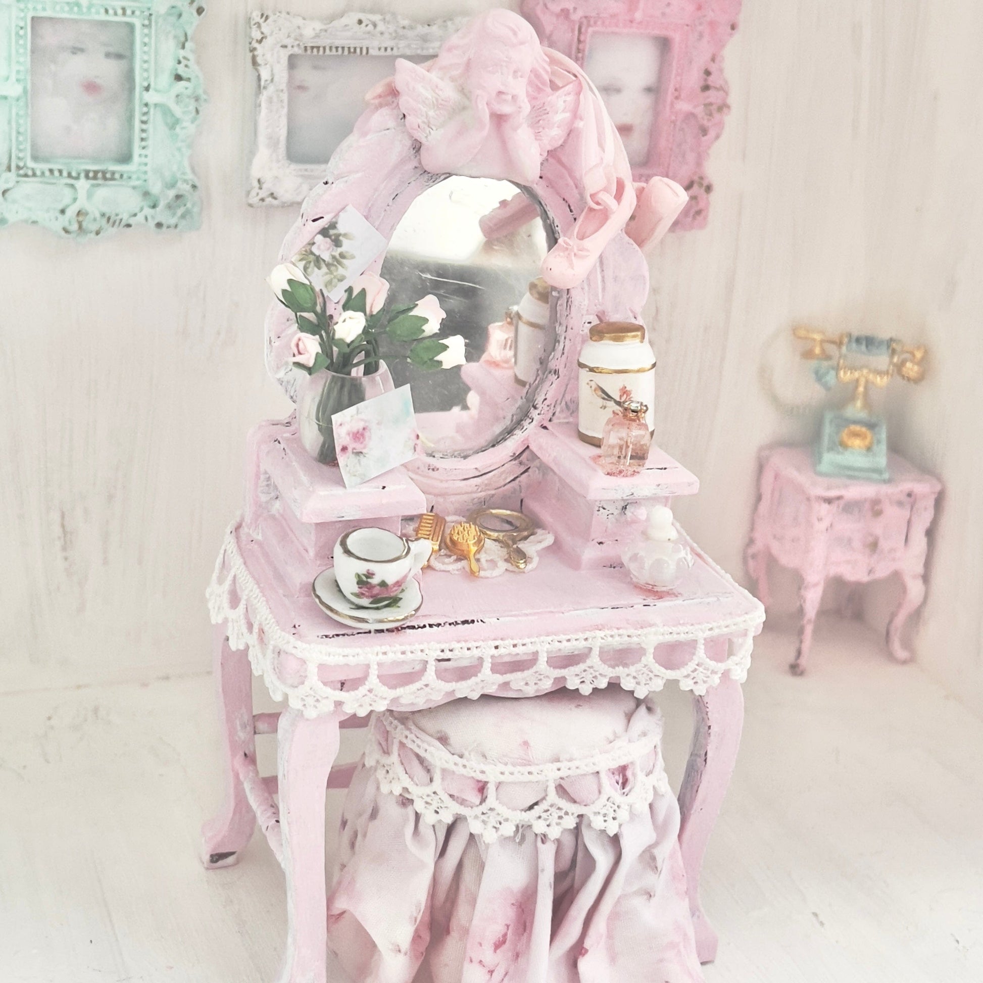 Chantallena White Bed Linens Vanity Set with Stool| Wooden Pink Distressed| Pink Slipper |Painted Petals Furniture