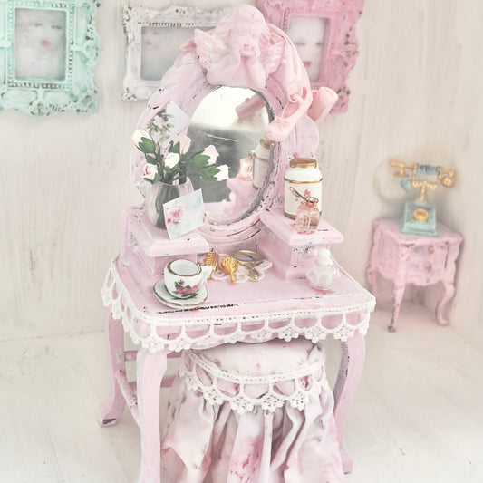 Chantallena White Bed Linens Vanity Set with Stool| Wooden Pink Distressed| Pink Slipper |Painted Petals Furniture