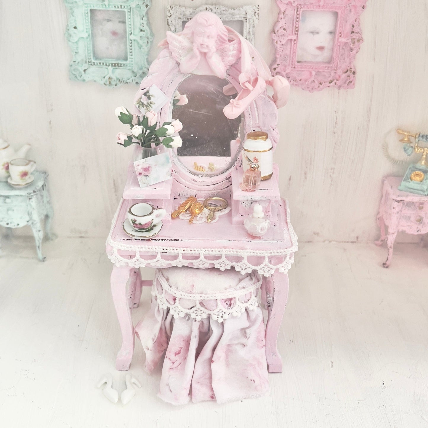 Chantallena White Bed Linens Vanity Set with Stool| Wooden Pink Distressed| Pink Slipper |Painted Petals Furniture
