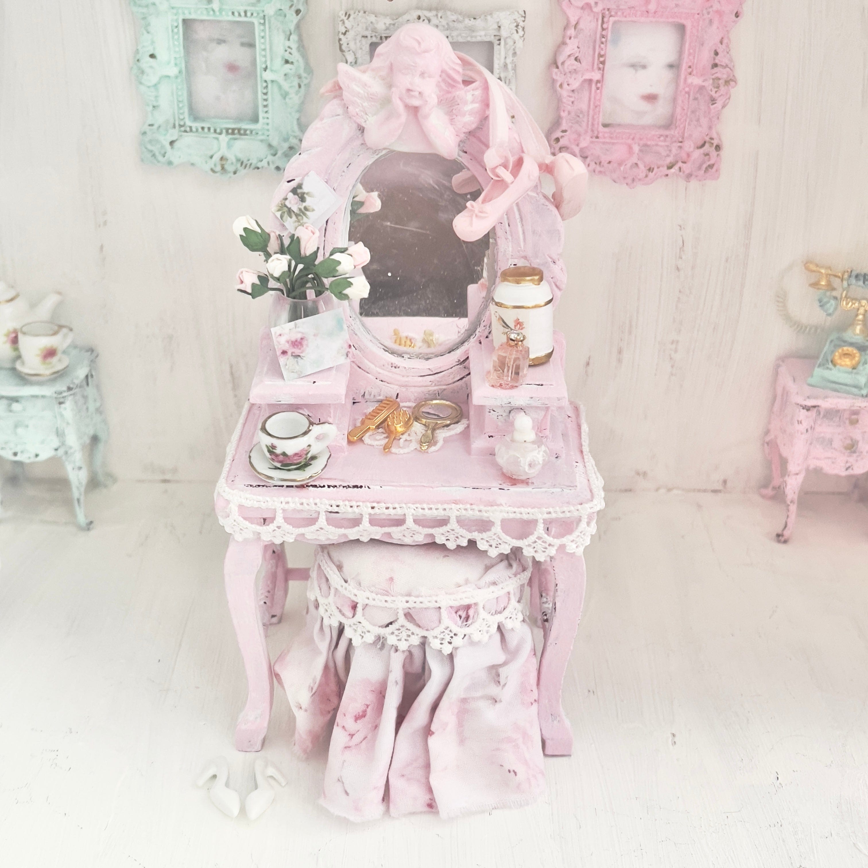 Chantallena White Bed Linens Vanity Set with Stool| Wooden Pink Distressed| Pink Slipper |Painted Petals Furniture