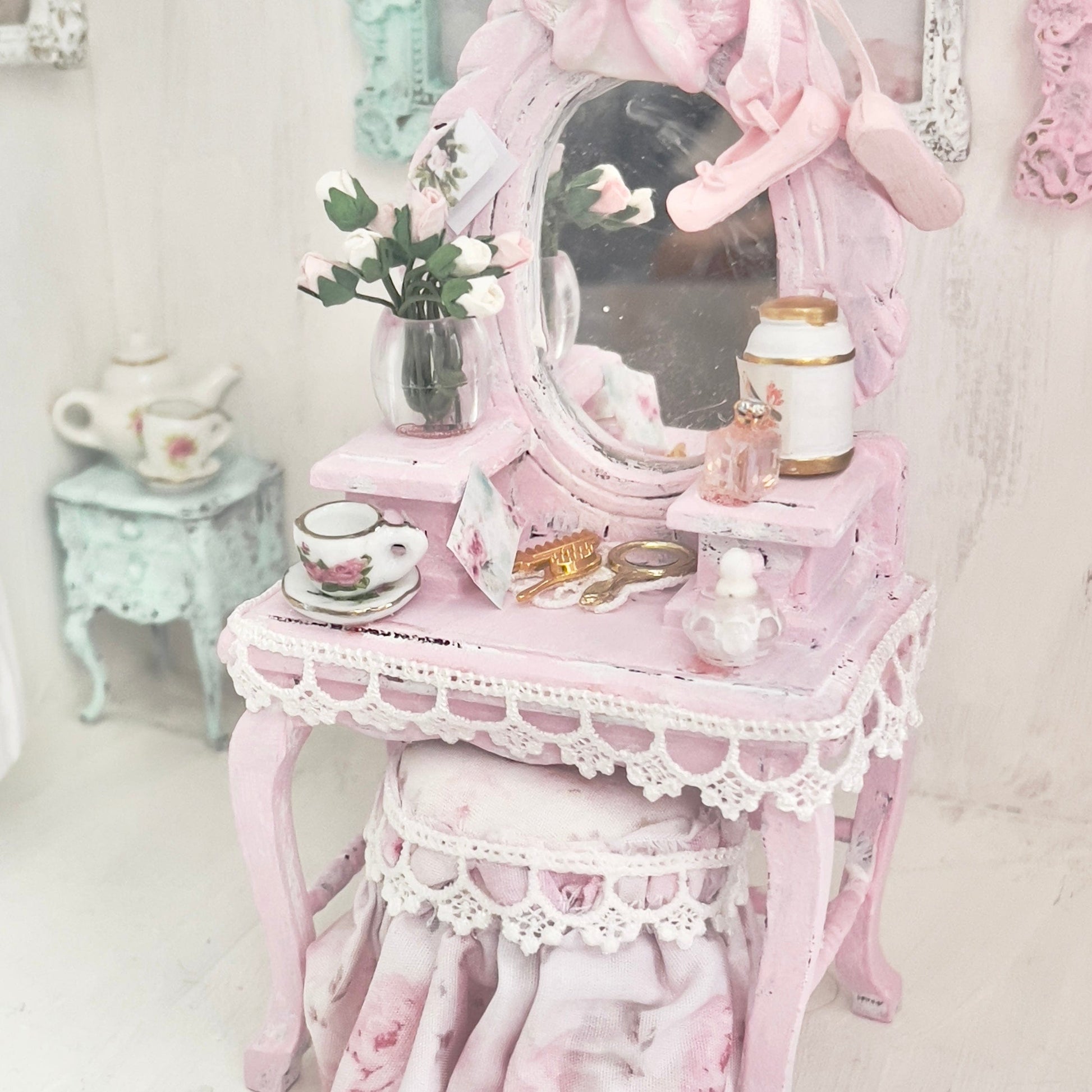 Chantallena White Bed Linens Vanity Set with Stool| Wooden Pink Distressed| Pink Slipper |Painted Petals Furniture