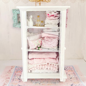 Chantallena White Bed Linens White Decoupaged Hutch with Shabby Linens-1:12 Scale |Painted Petals Furniture |Chantallena