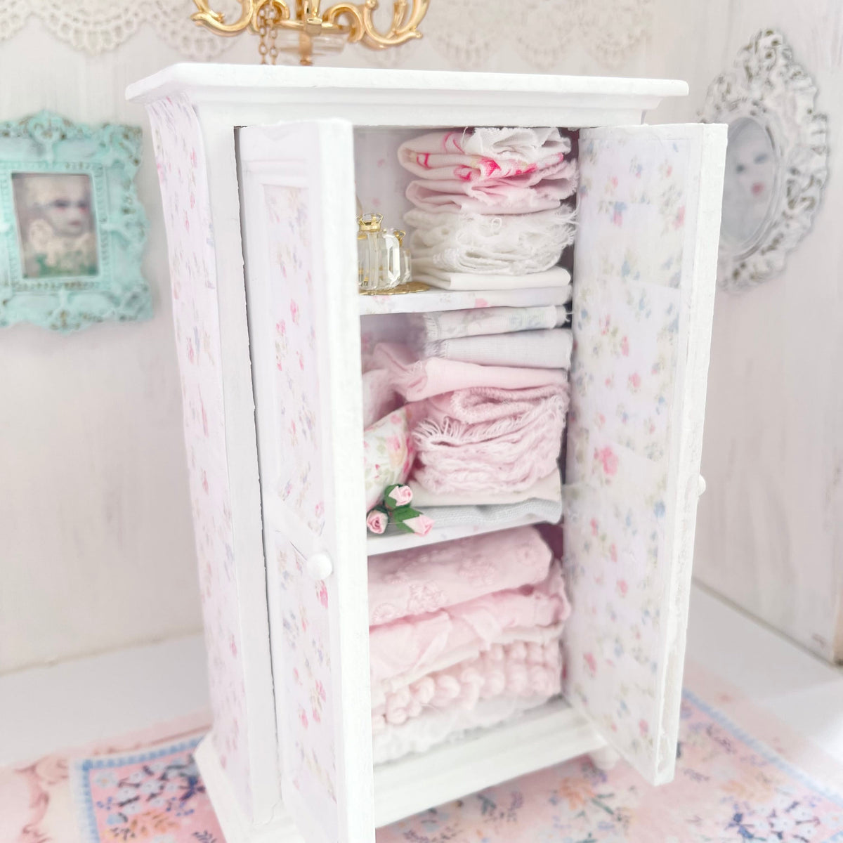 Chantallena White Bed Linens White Decoupaged Hutch with Shabby Linens-1:12 Scale |Painted Petals Furniture |Chantallena
