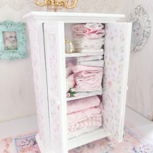 Chantallena White Bed Linens White Decoupaged Hutch with Shabby Linens-1:12 Scale |Painted Petals Furniture |Chantallena