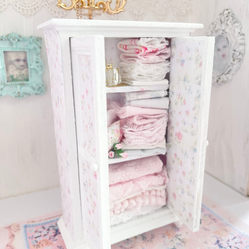 Chantallena White Bed Linens White Decoupaged Hutch with Shabby Linens-1:12 Scale |Painted Petals Furniture |Chantallena