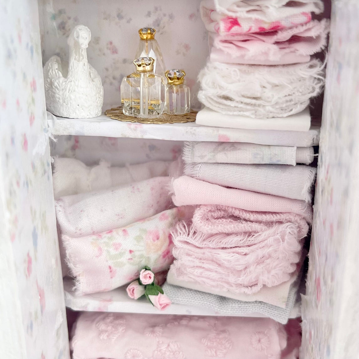 Chantallena White Bed Linens White Decoupaged Hutch with Shabby Linens-1:12 Scale |Painted Petals Furniture |Chantallena