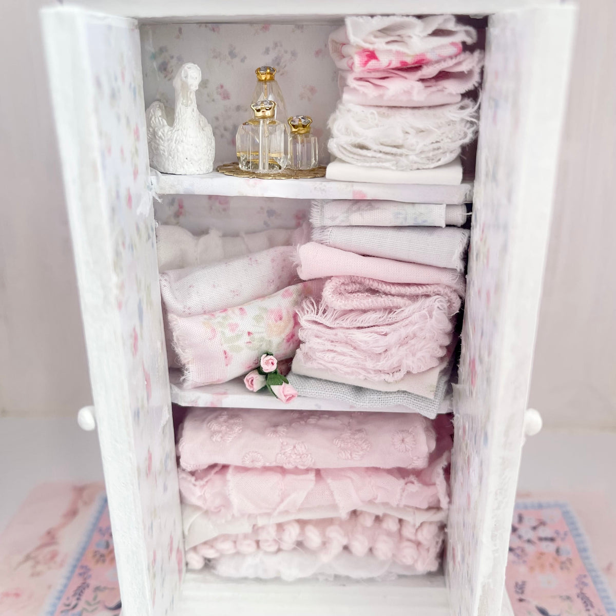 Chantallena White Bed Linens White Decoupaged Hutch with Shabby Linens-1:12 Scale |Painted Petals Furniture |Chantallena
