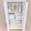 Chantallena White Bed Linens White Shabby Decoupaged Hutch with Blue Linens-1:12 Scale |Painted Petals Furniture |Chantallena