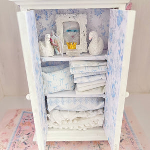 Chantallena White Bed Linens White Shabby Decoupaged Hutch with Blue Linens-1:12 Scale |Painted Petals Furniture |Chantallena