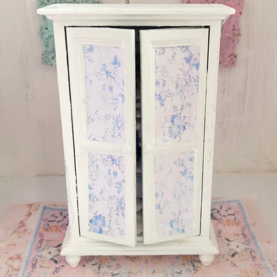 Chantallena White Bed Linens White Shabby Decoupaged Hutch with Blue Linens-1:12 Scale |Painted Petals Furniture |Chantallena