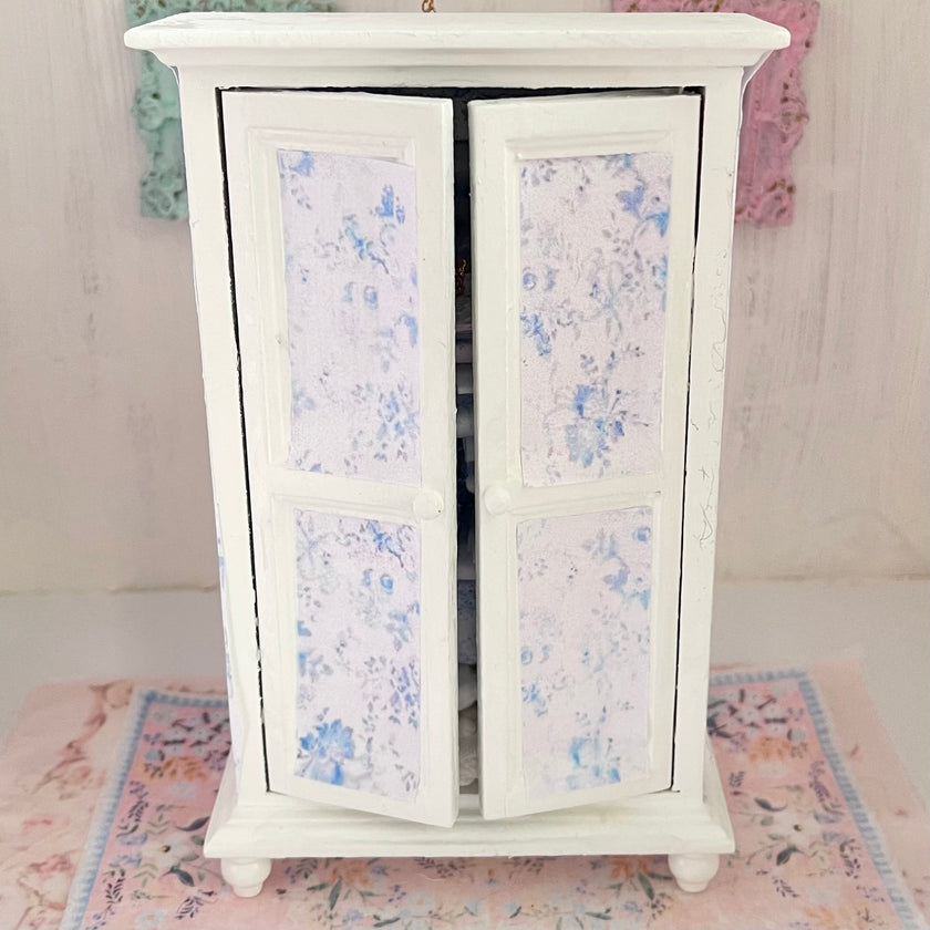 Chantallena White Bed Linens White Shabby Decoupaged Hutch with Blue Linens-1:12 Scale |Painted Petals Furniture |Chantallena