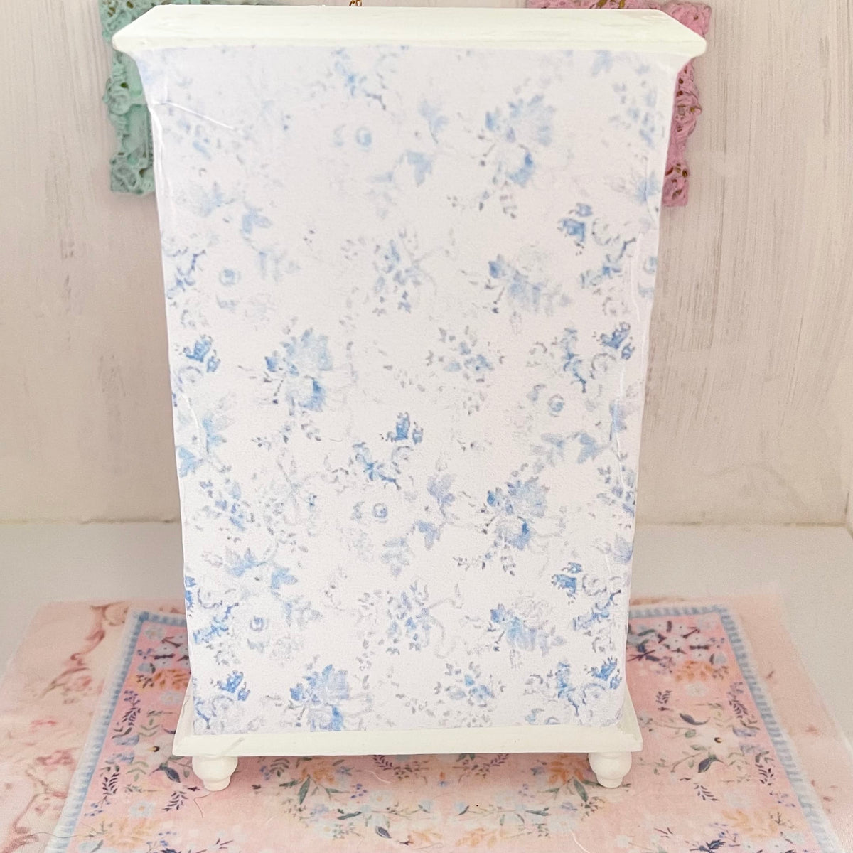 Chantallena White Bed Linens White Shabby Decoupaged Hutch with Blue Linens-1:12 Scale |Painted Petals Furniture |Chantallena