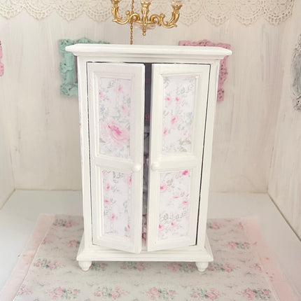 Chantallena White Bed Linens Wooden Shabby White Distressed Armoire with Linens-1:12 Scale |Painted Petals Furniture |Chantallena
