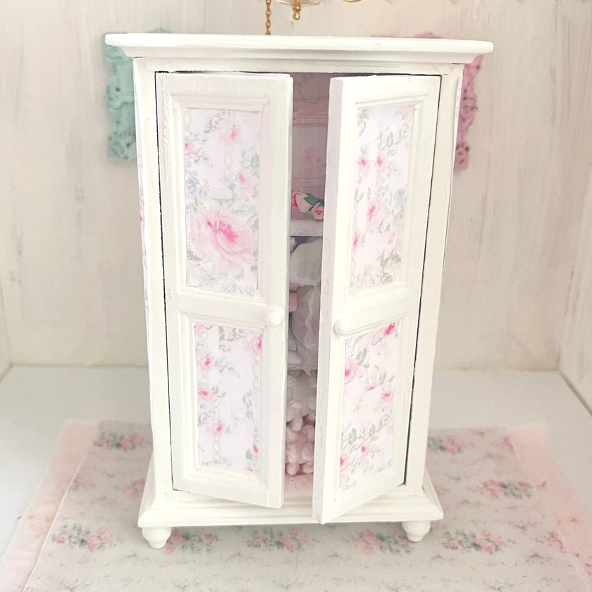 Chantallena White Bed Linens Wooden Shabby White Distressed Armoire with Linens-1:12 Scale |Painted Petals Furniture |Chantallena