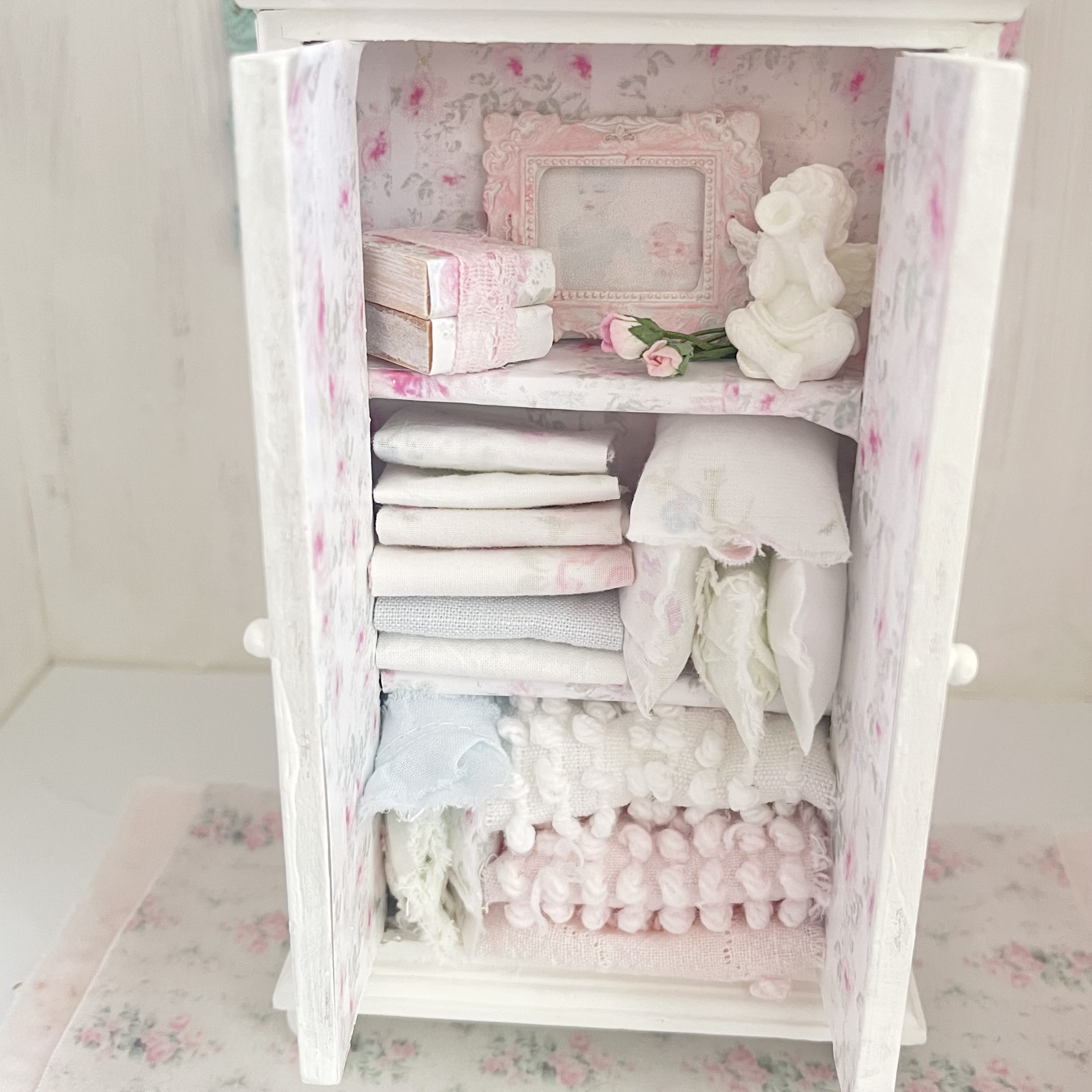 Chantallena White Bed Linens Wooden Shabby White Distressed Armoire with Linens-1:12 Scale |Painted Petals Furniture |Chantallena