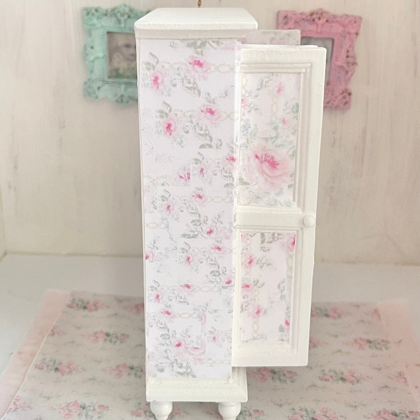 Chantallena White Bed Linens Wooden Shabby White Distressed Armoire with Linens-1:12 Scale |Painted Petals Furniture |Chantallena