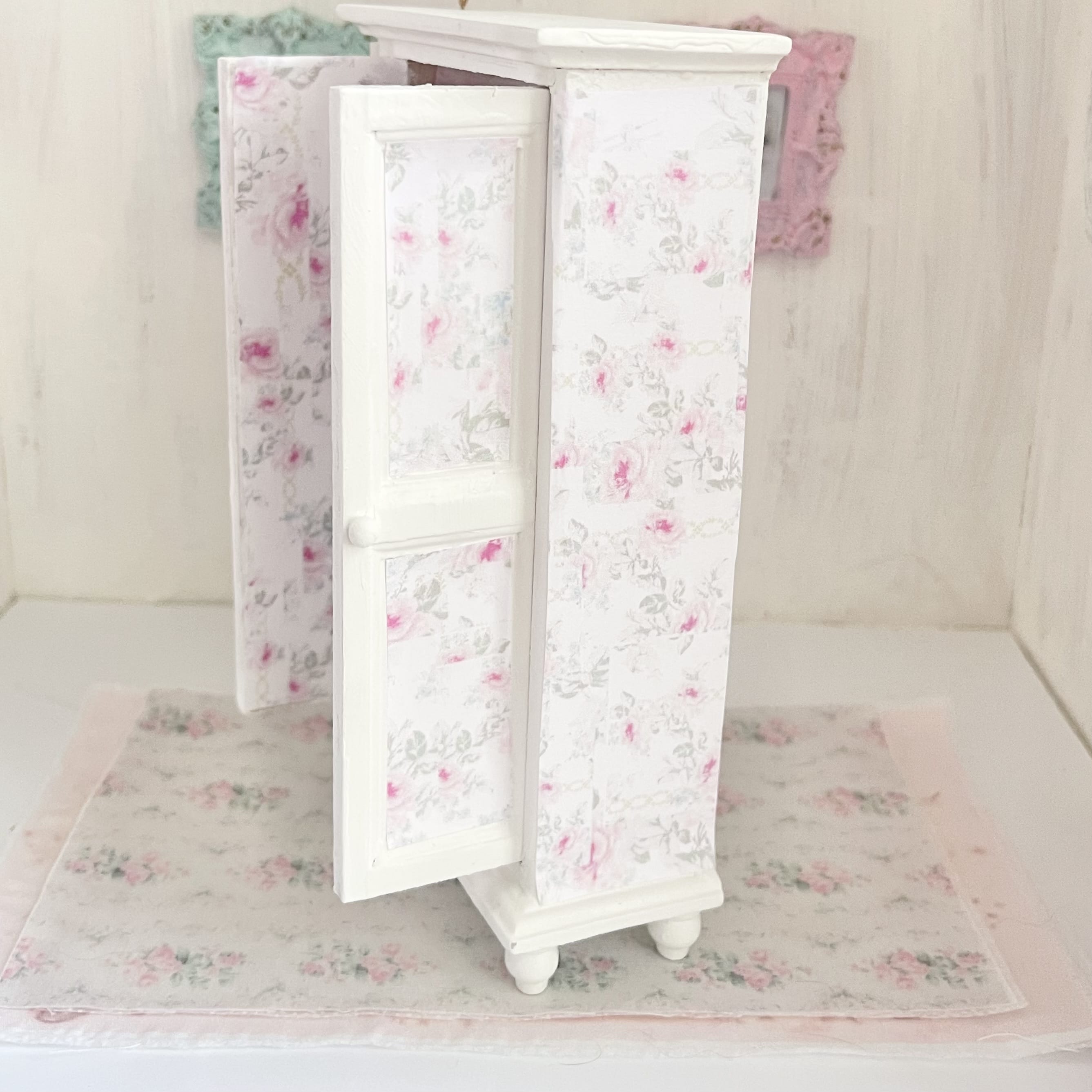 Chantallena White Bed Linens Wooden Shabby White Distressed Armoire with Linens-1:12 Scale |Painted Petals Furniture |Chantallena