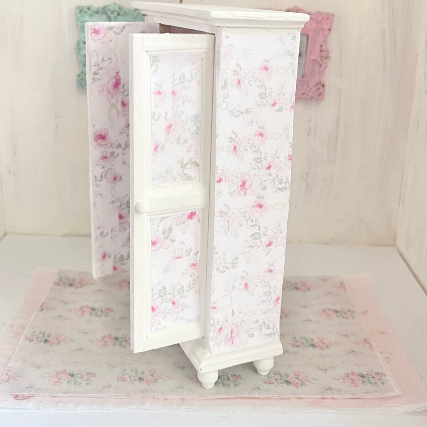 Chantallena White Bed Linens Wooden Shabby White Distressed Armoire with Linens-1:12 Scale |Painted Petals Furniture |Chantallena