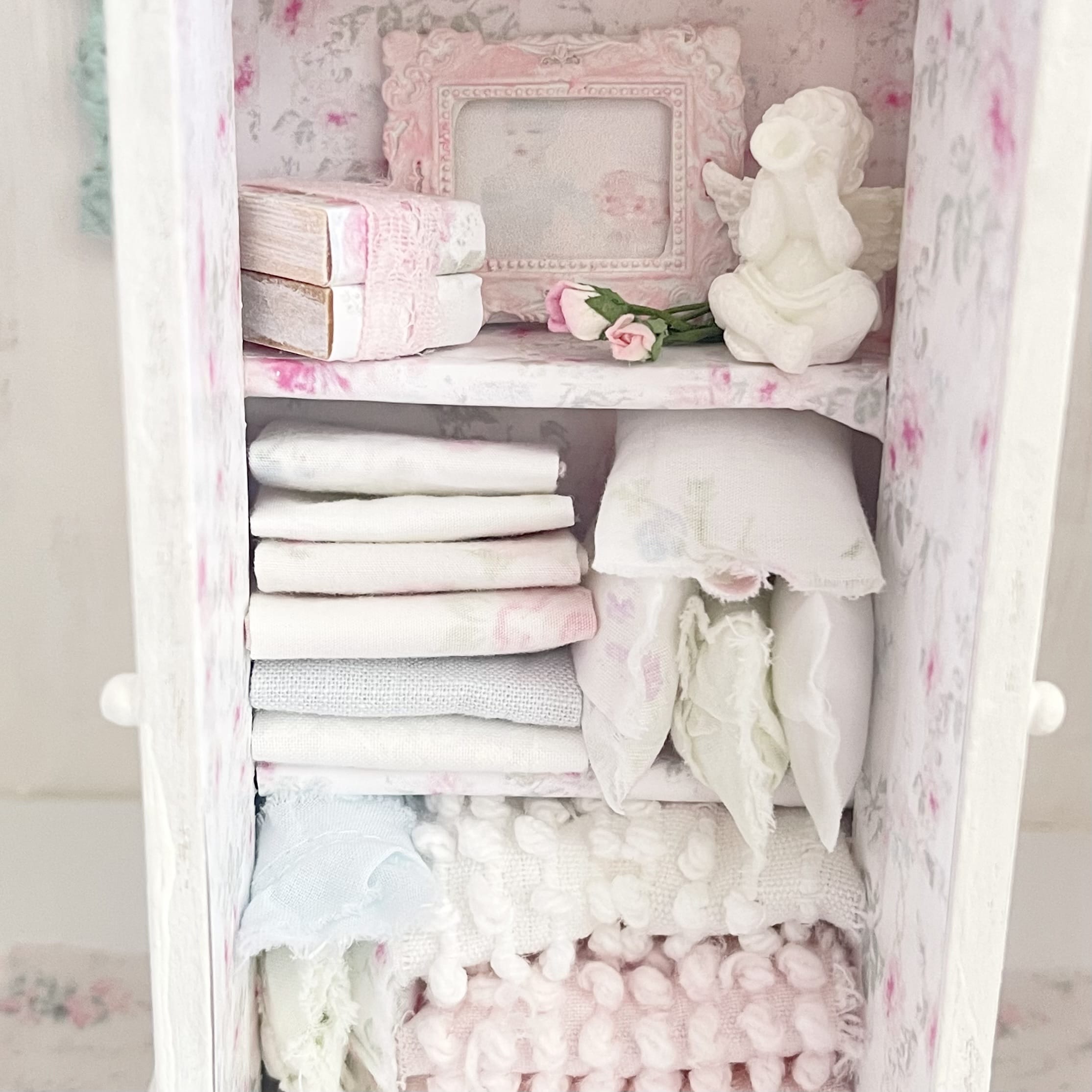 Chantallena White Bed Linens Wooden Shabby White Distressed Armoire with Linens-1:12 Scale |Painted Petals Furniture |Chantallena