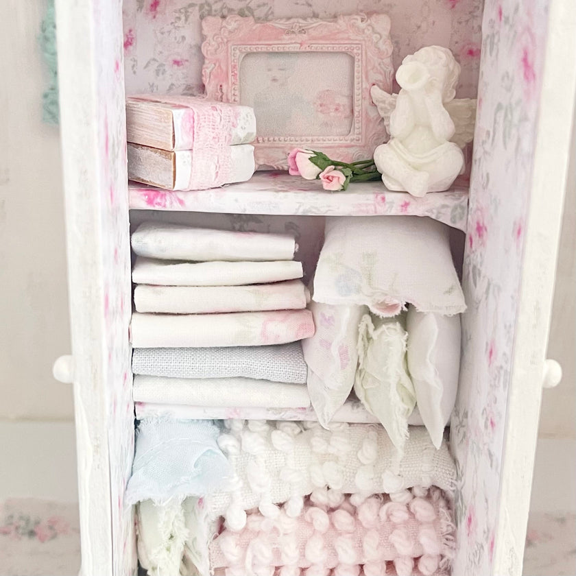 Chantallena White Bed Linens Wooden Shabby White Distressed Armoire with Linens-1:12 Scale |Painted Petals Furniture |Chantallena