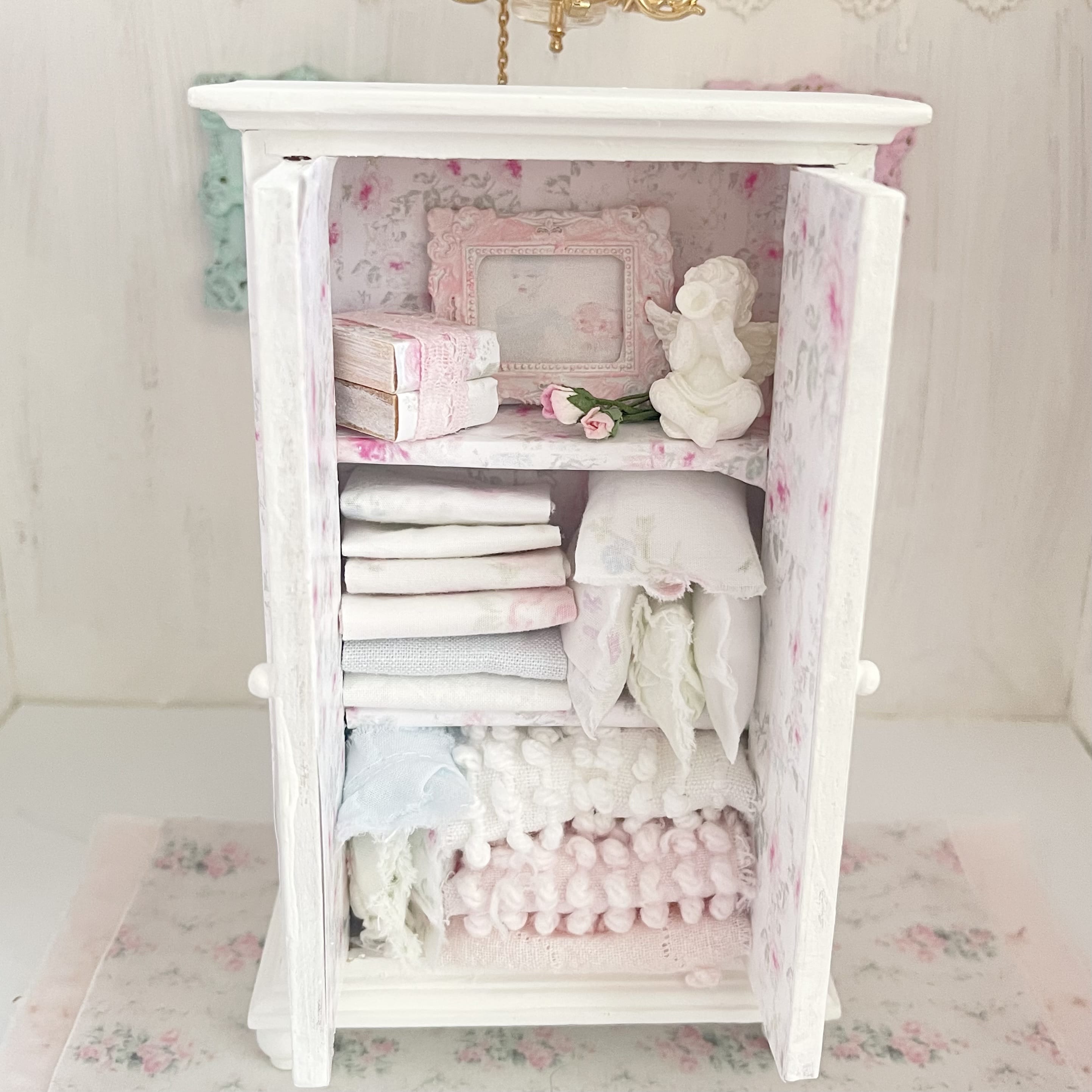 Chantallena White Bed Linens Wooden Shabby White Distressed Armoire with Linens-1:12 Scale |Painted Petals Furniture |Chantallena
