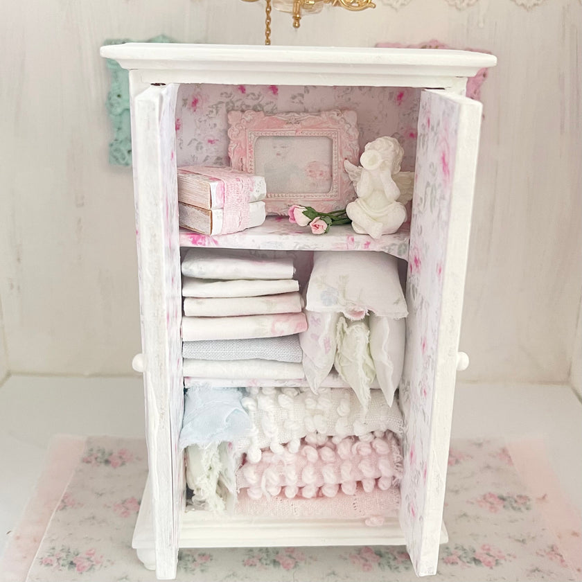 Chantallena White Bed Linens Wooden Shabby White Distressed Armoire with Linens-1:12 Scale |Painted Petals Furniture |Chantallena