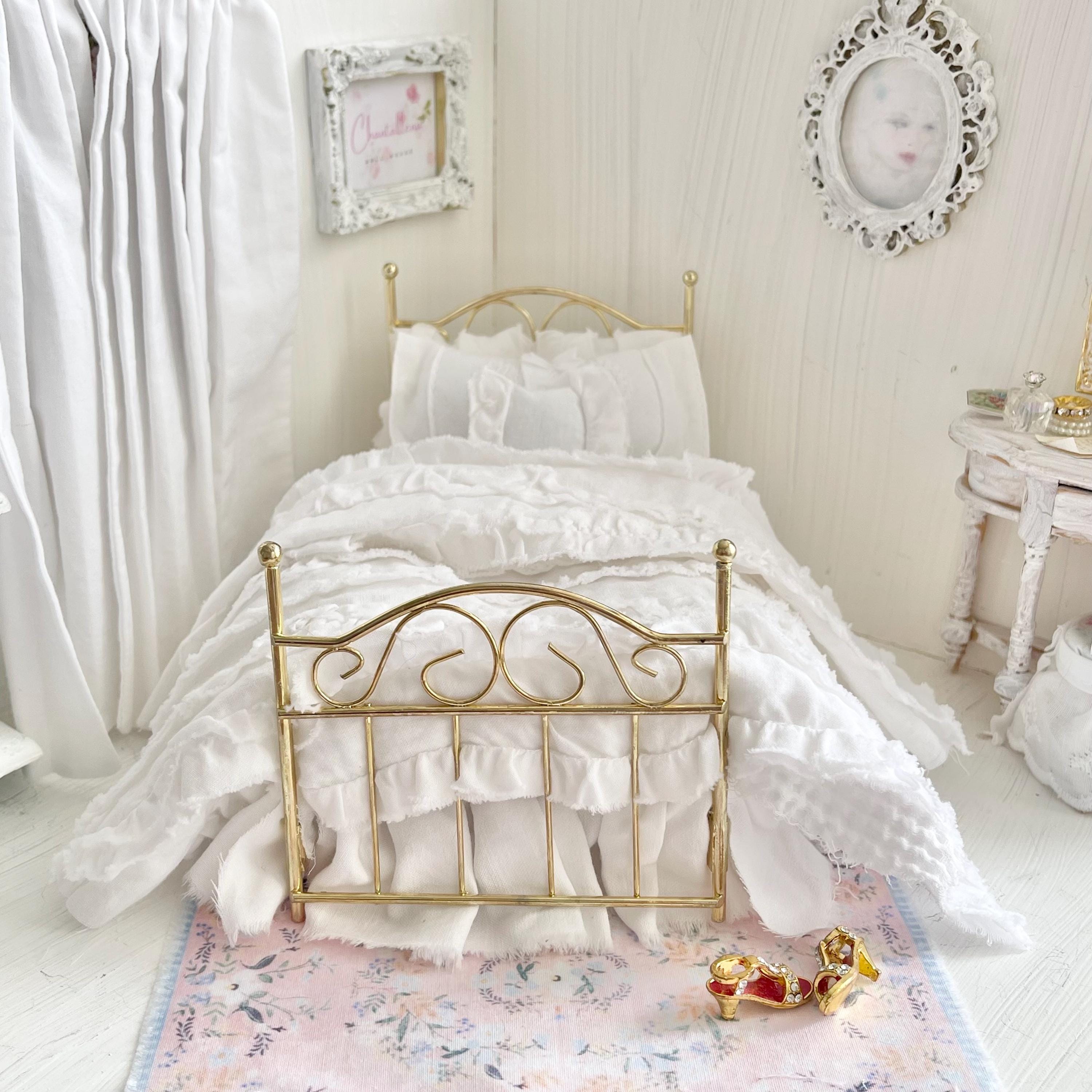 Etsy 1:12 Scale Brass Metal Dressed Dollhouse Double Bed, White Cotton Ruffled Bedding, Romantic Dollhouse Miniature Furniture Decor