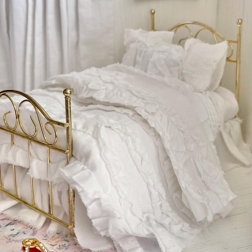 Etsy 1:12 Scale Brass Metal Dressed Dollhouse Double Bed, White Cotton Ruffled Bedding, Romantic Dollhouse Miniature Furniture Decor