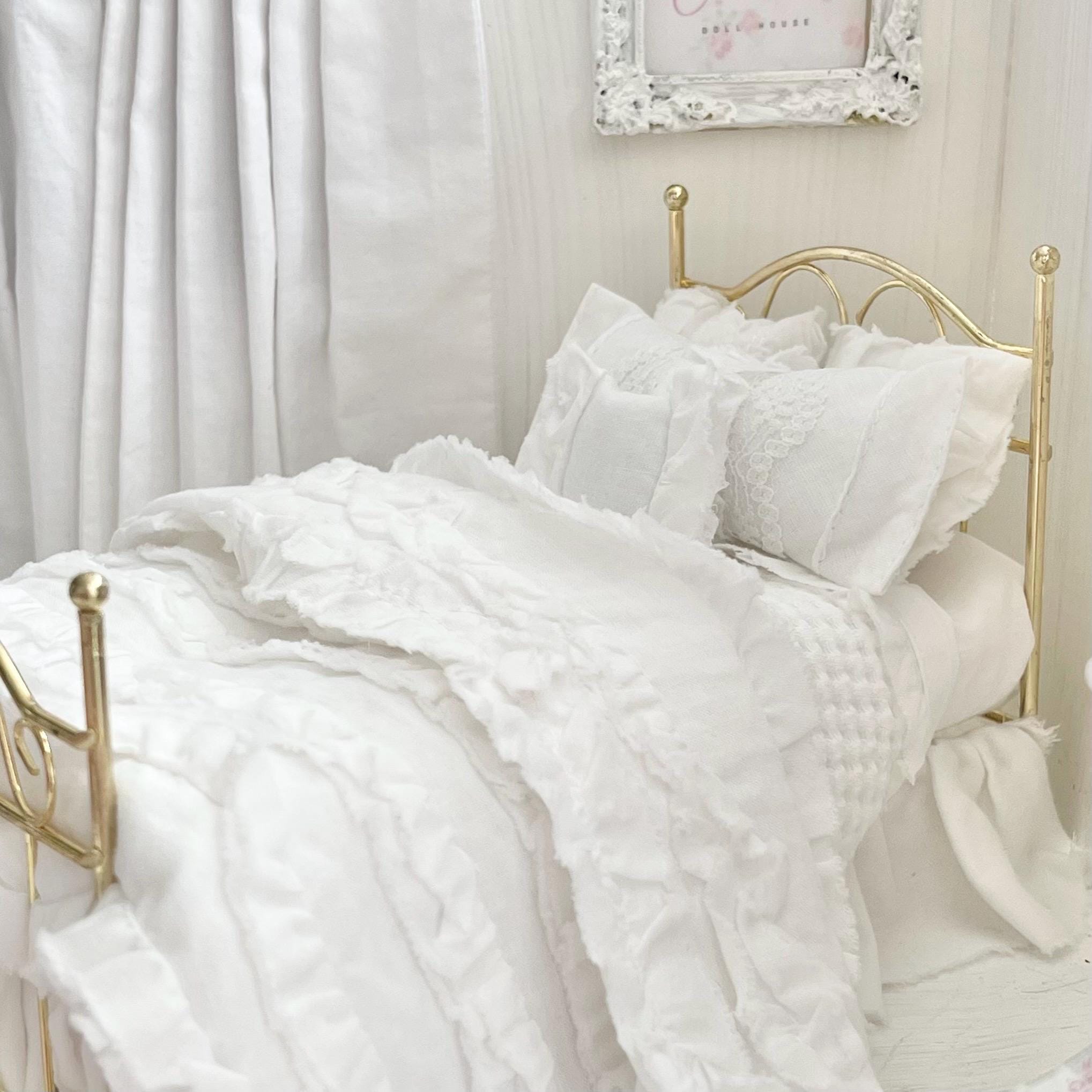 Etsy 1:12 Scale Brass Metal Dressed Dollhouse Double Bed, White Cotton Ruffled Bedding, Romantic Dollhouse Miniature Furniture Decor