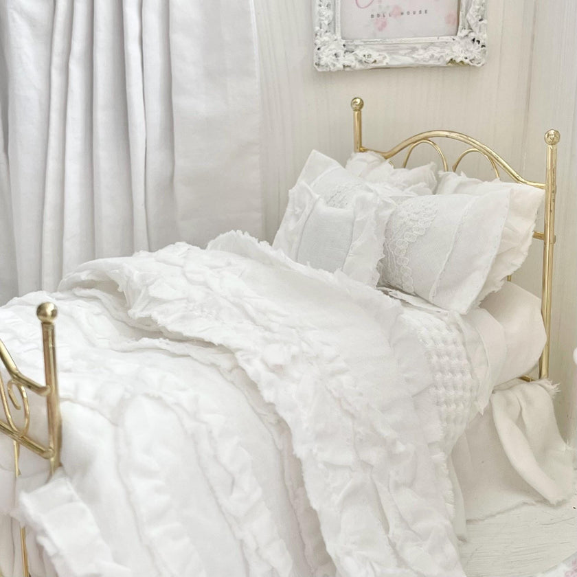 Etsy 1:12 Scale Brass Metal Dressed Dollhouse Double Bed, White Cotton Ruffled Bedding, Romantic Dollhouse Miniature Furniture Decor