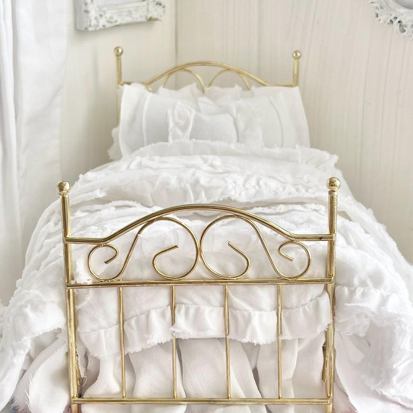 Etsy 1:12 Scale Brass Metal Dressed Dollhouse Double Bed, White Cotton Ruffled Bedding, Romantic Dollhouse Miniature Furniture Decor