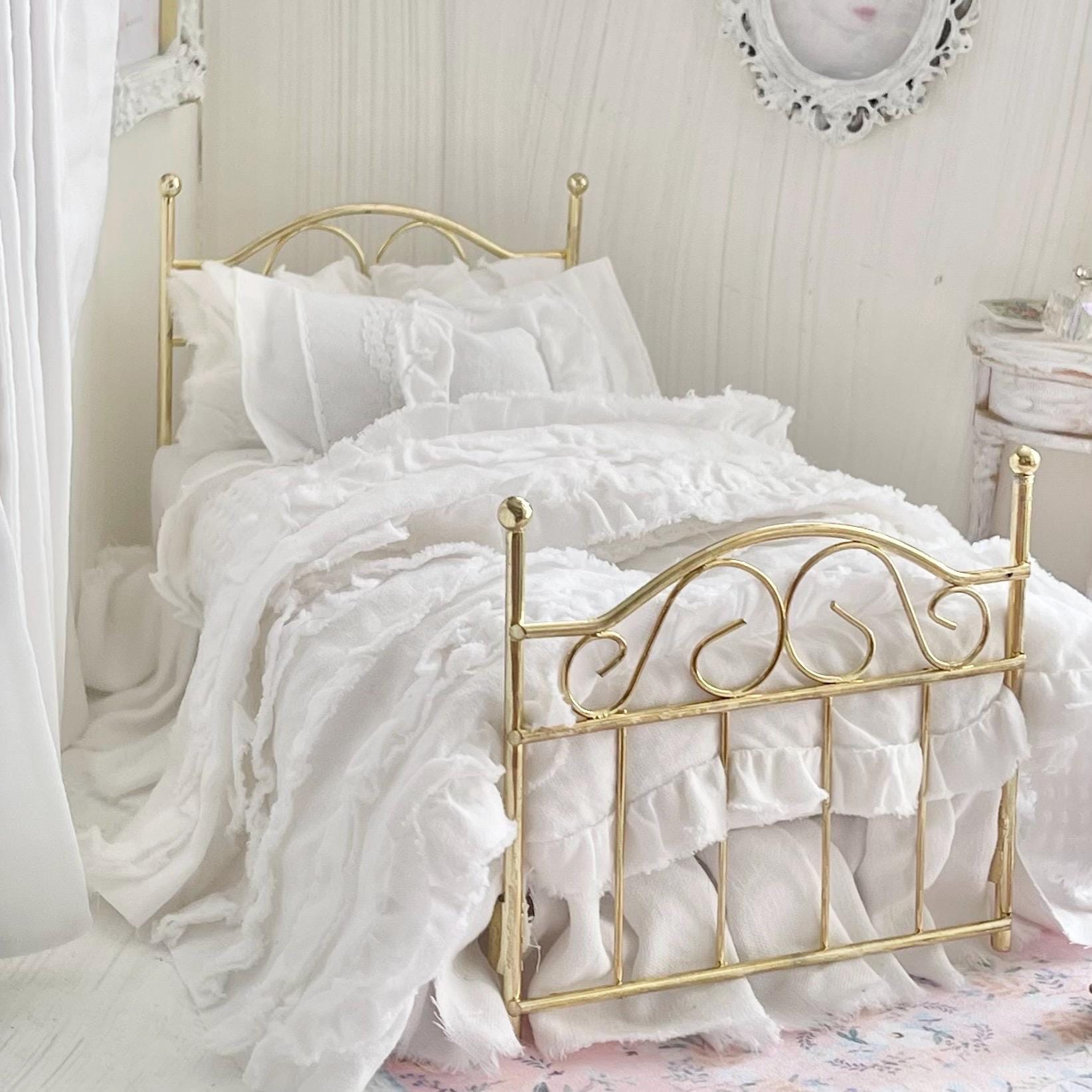 Etsy 1:12 Scale Brass Metal Dressed Dollhouse Double Bed, White Cotton Ruffled Bedding, Romantic Dollhouse Miniature Furniture Decor