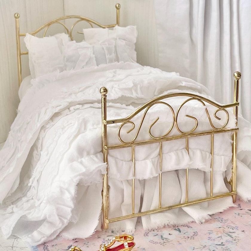Etsy 1:12 Scale Brass Metal Dressed Dollhouse Double Bed, White Cotton Ruffled Bedding, Romantic Dollhouse Miniature Furniture Decor