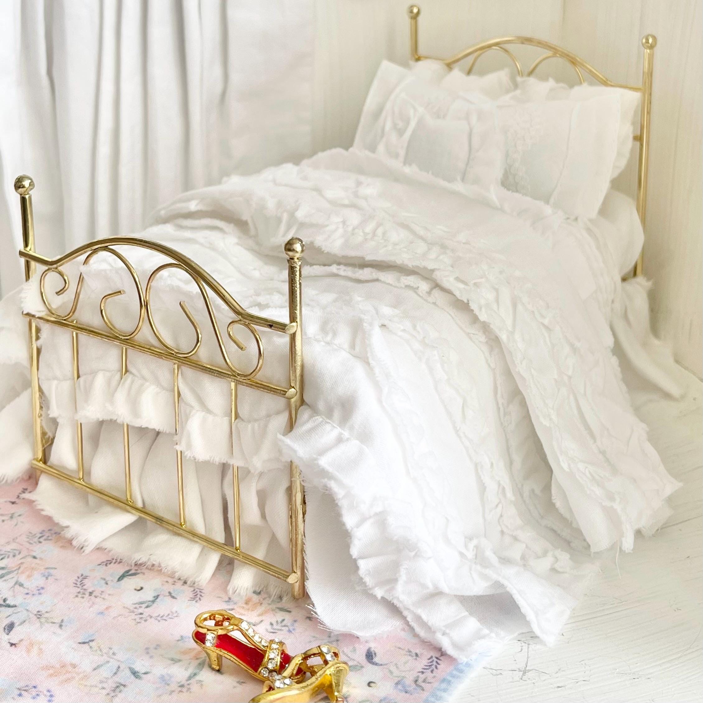 Etsy 1:12 Scale Brass Metal Dressed Dollhouse Double Bed, White Cotton Ruffled Bedding, Romantic Dollhouse Miniature Furniture Decor