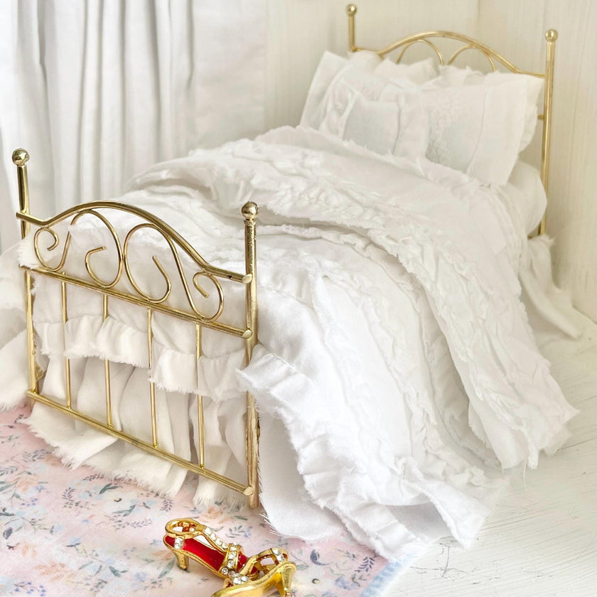 Etsy 1:12 Scale Brass Metal Dressed Dollhouse Double Bed, White Cotton Ruffled Bedding, Romantic Dollhouse Miniature Furniture Decor