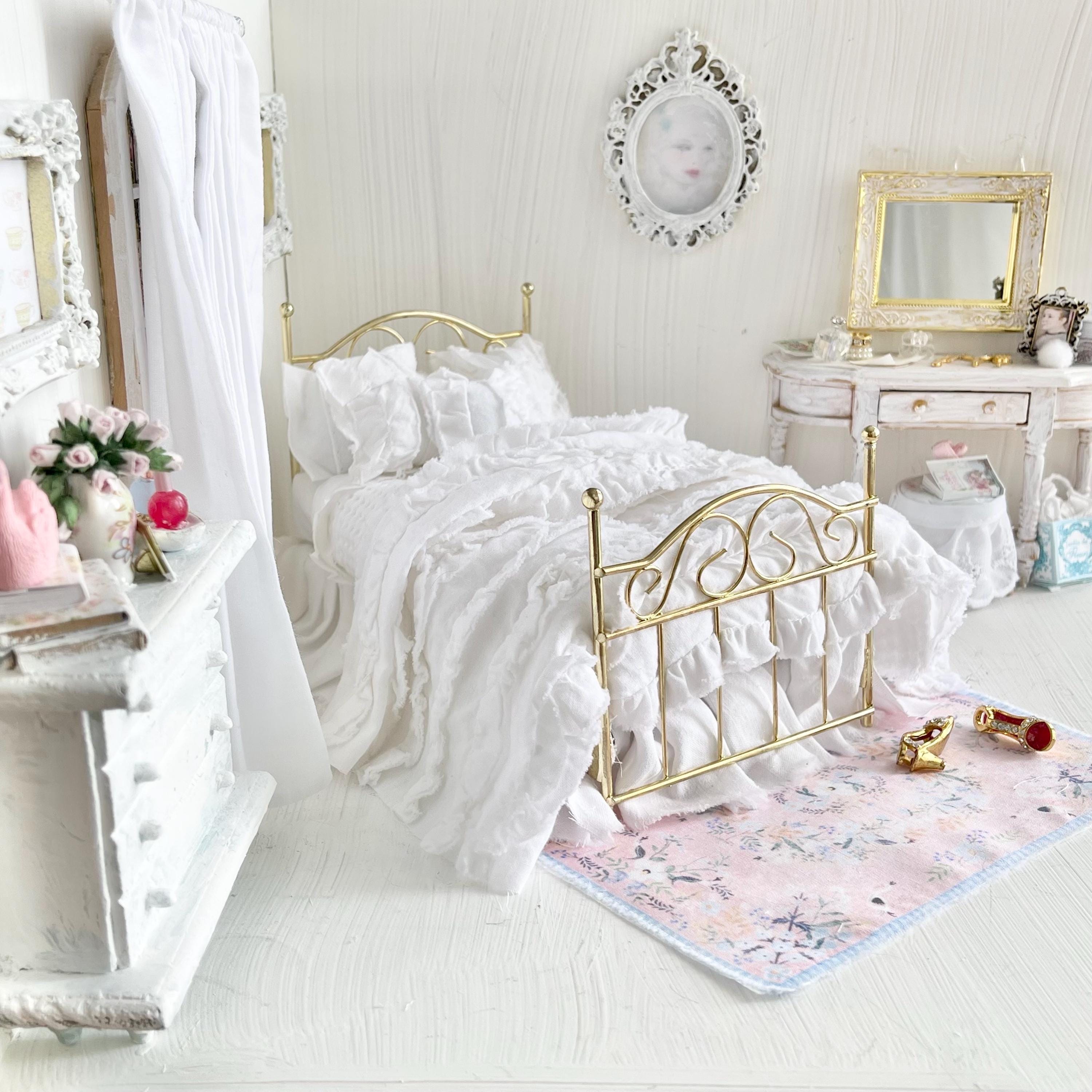 Etsy 1:12 Scale Brass Metal Dressed Dollhouse Double Bed, White Cotton Ruffled Bedding, Romantic Dollhouse Miniature Furniture Decor