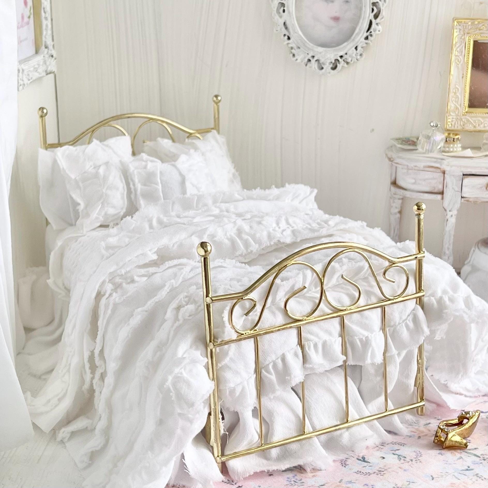 Etsy 1:12 Scale Brass Metal Dressed Dollhouse Double Bed, White Cotton Ruffled Bedding, Romantic Dollhouse Miniature Furniture Decor
