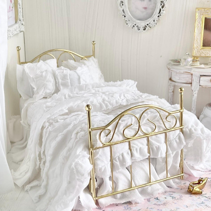 Etsy 1:12 Scale Brass Metal Dressed Dollhouse Double Bed, White Cotton Ruffled Bedding, Romantic Dollhouse Miniature Furniture Decor