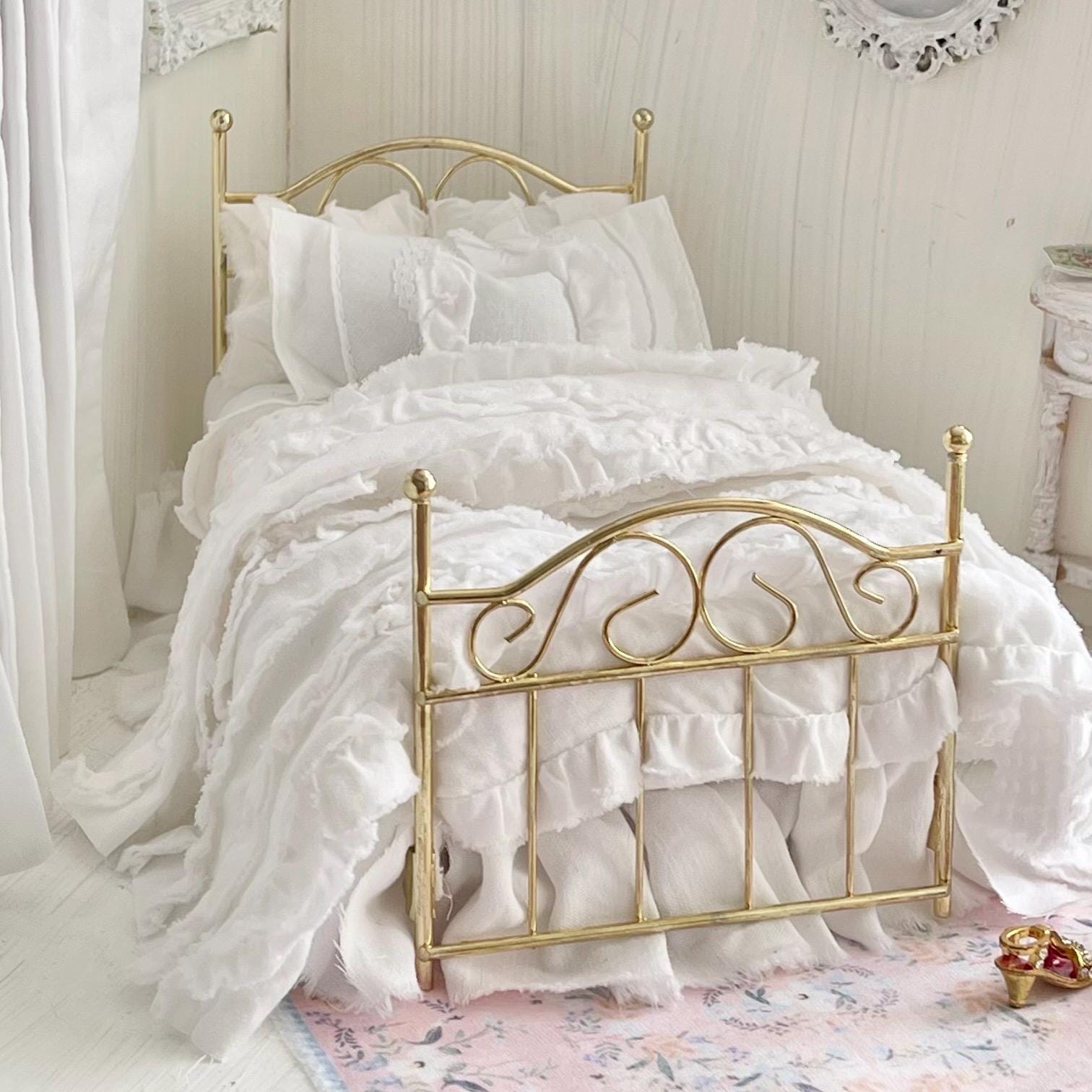 Etsy 1:12 Scale Brass Metal Dressed Dollhouse Double Bed, White Cotton Ruffled Bedding, Romantic Dollhouse Miniature Furniture Decor