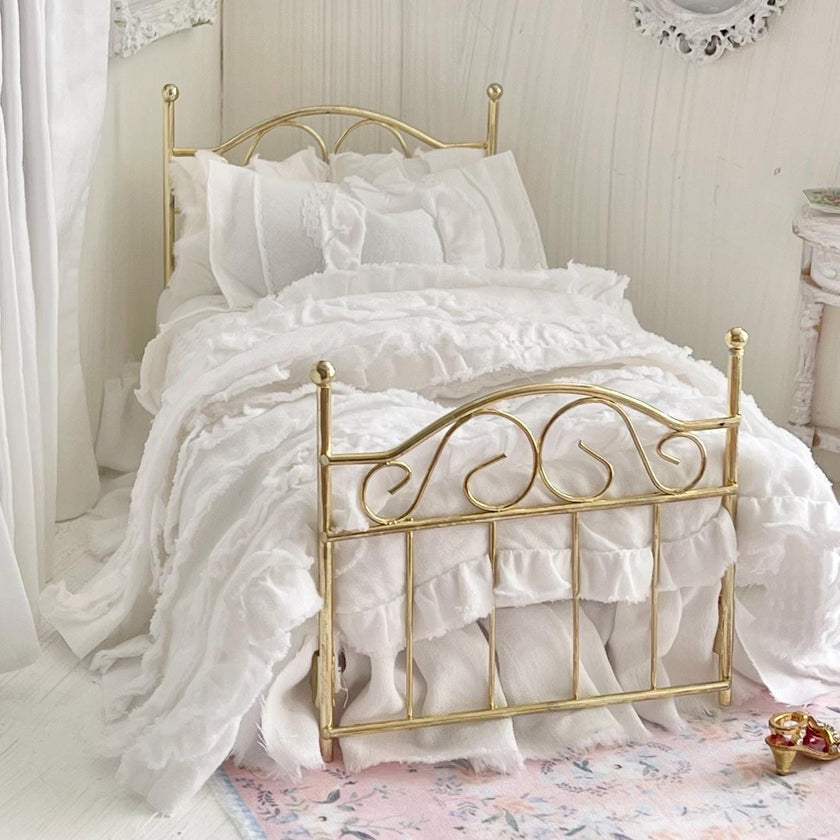 Etsy 1:12 Scale Brass Metal Dressed Dollhouse Double Bed, White Cotton Ruffled Bedding, Romantic Dollhouse Miniature Furniture Decor