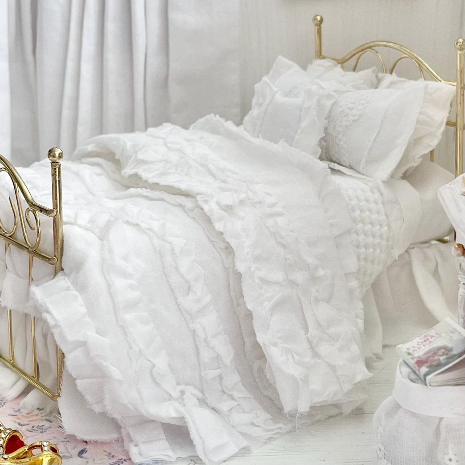 Etsy 1:12 Scale Brass Metal Dressed Dollhouse Double Bed, White Cotton Ruffled Bedding, Romantic Dollhouse Miniature Furniture Decor