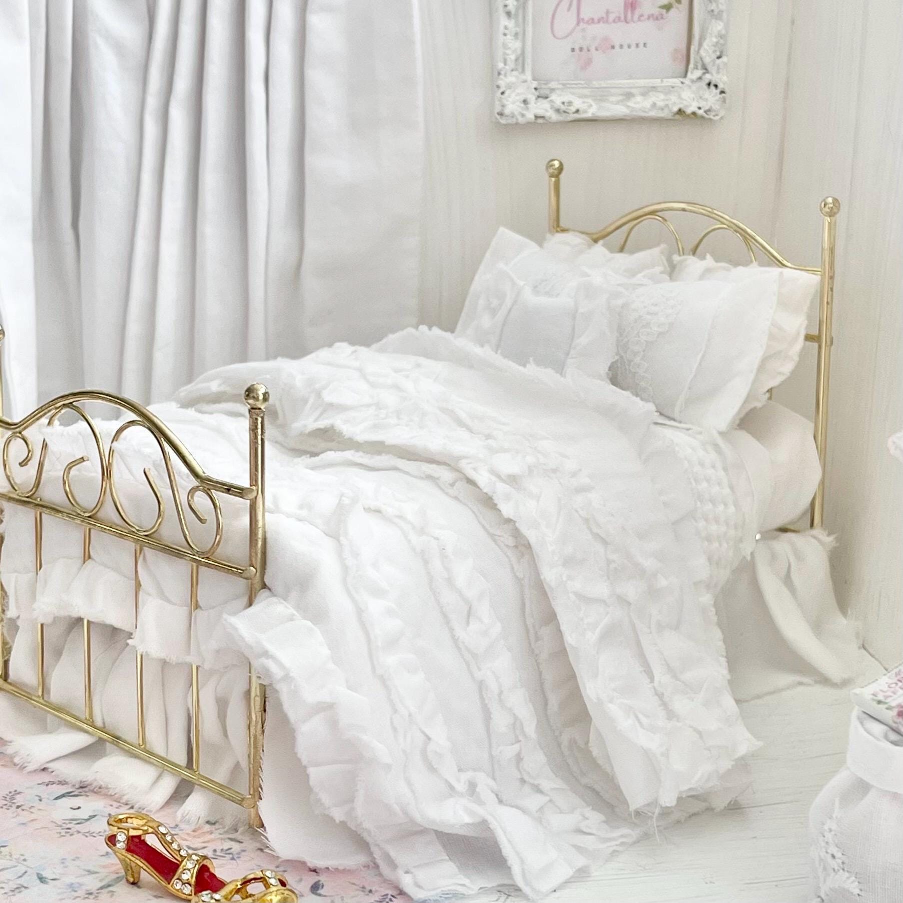 Etsy 1:12 Scale Brass Metal Dressed Dollhouse Double Bed, White Cotton Ruffled Bedding, Romantic Dollhouse Miniature Furniture Decor