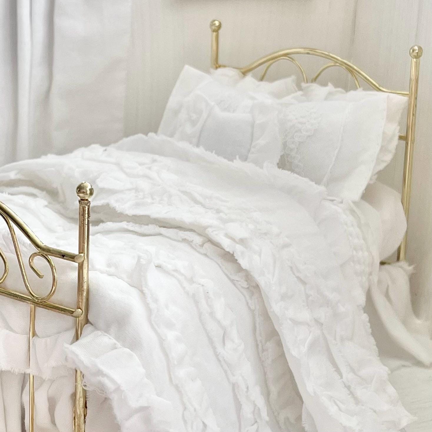 Etsy 1:12 Scale Brass Metal Dressed Dollhouse Double Bed, White Cotton Ruffled Bedding, Romantic Dollhouse Miniature Furniture Decor