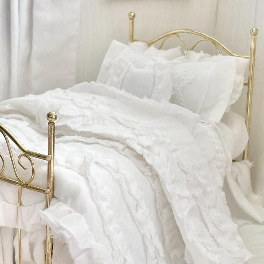 Etsy 1:12 Scale Brass Metal Dressed Dollhouse Double Bed, White Cotton Ruffled Bedding, Romantic Dollhouse Miniature Furniture Decor